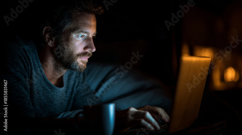 man working on his laptop at night, late night work 