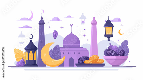 Colorful Islamic cultural elements with mosque and lanterns in flat design