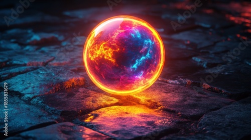 Fiery orb rests on stone