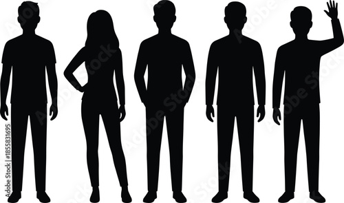 people silhouettes set, standing men women figures illustration, human poses diversity lineup, black vector isolated design, lifestyle characters collection, template