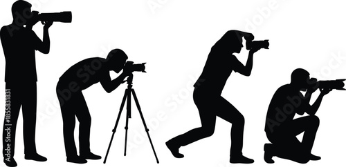 professional photographers silhouettes, camera shooting poses illustration, photojournalism studio action, creative media concept, black vector isolated design, photography industry work