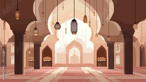 Elegant interior of a grand mosque with traditional arches and lanterns