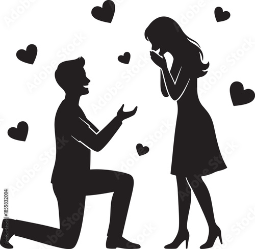 Man proposing to woman with hearts around them proposal