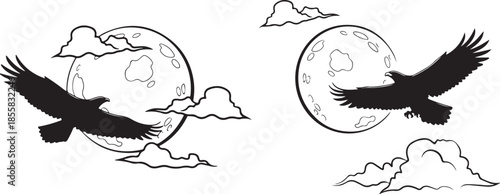 Eagle Silhouette Flying Over Full Moon and Clouds Outline Art