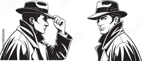 Black and White Detective Illustrations: Two Private Investigator Portraits in Fedora and Trench Coat