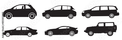 Vector collection of six black car silhouette.