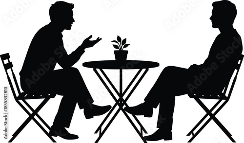 two men conversation silhouettes, seated discussion illustration, interpersonal communication meeting, counseling interview concept, dialogue negotiation, black vector isolated design, background