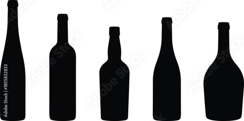 wine bottle silhouettes, alcohol beverage container shapes illustration, minimalist glass bottles set, black vector isolated, packaging design template mockup branding