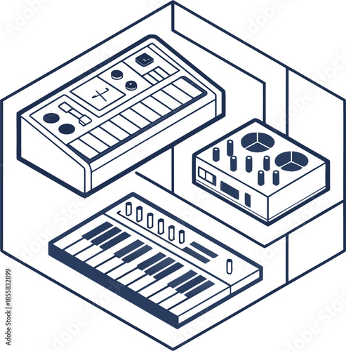 Electronic music production equipment setup with synthesizers