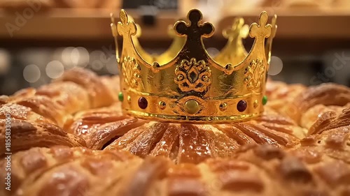 Golden Crown on a Traditional Galette des Rois, French King Cake for Epiphany Celebration.