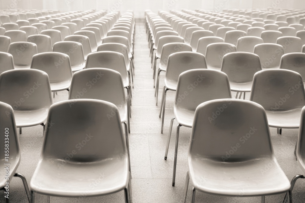 Fototapeta premium Empty seats in a large hall show the cancellation of business meetings, highlighting the impact of unexpected changes in event planning and attendance