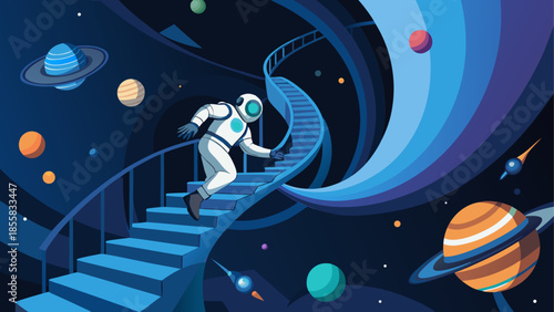 Astronaut ascending staircase in space