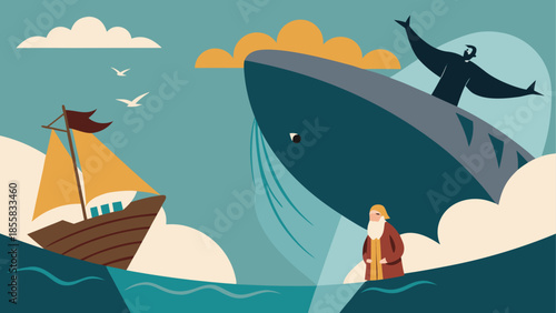 Whale leaping over ship