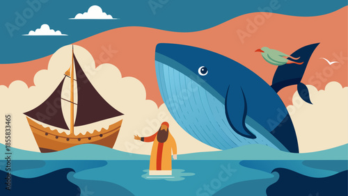 Man calms the sea and whale