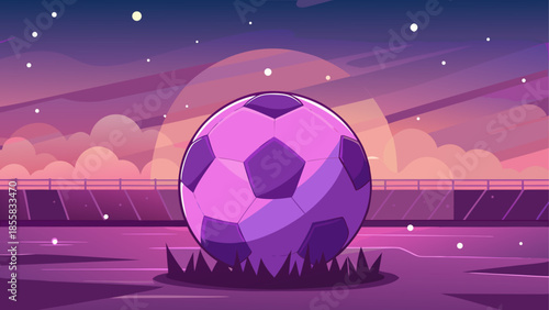 Soccer ball on stadium field at sunset