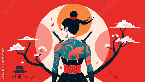 Samurai woman admiring cherry blossoms