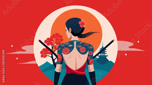 Woman with traditional japanese tattoo admiring the sunset