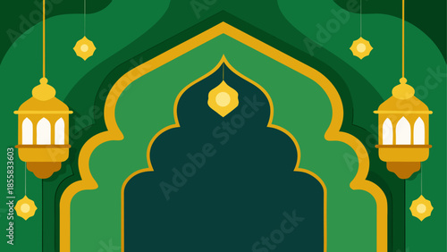 Ornate islamic archway with hanging lanterns