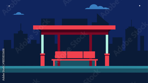 Nighttime city bench under torii gate