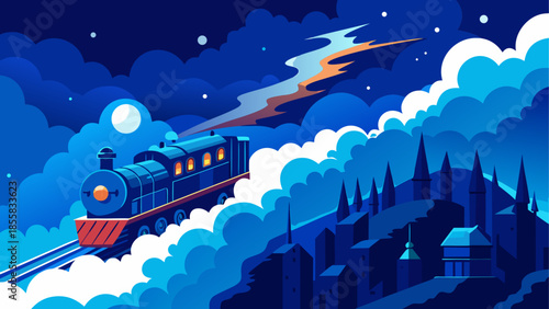 Nighttime train journey through mountains