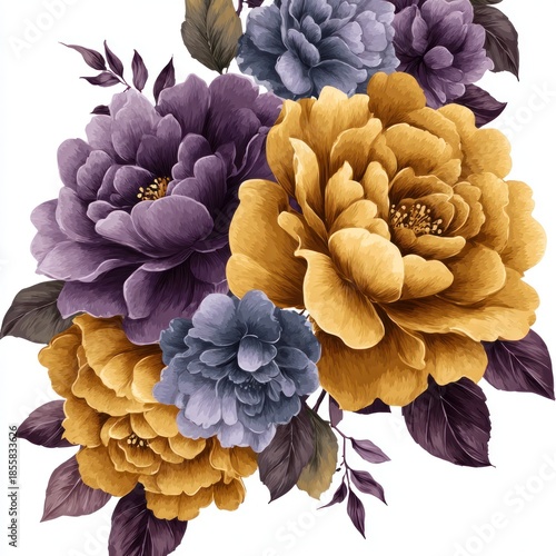 Watercolor floral arrangement of purple and gold peonies for design elements
