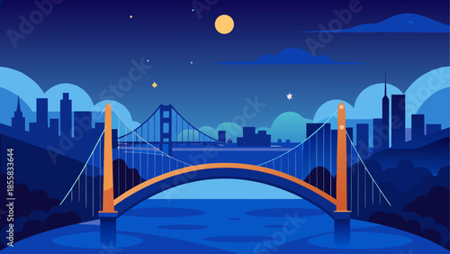 Nighttime cityscape with suspension bridge