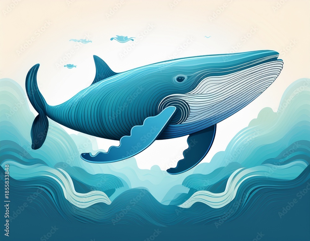 Obraz premium Blue Whale Illustration Swimming Above Ocean Waves Minimal Art StyleFX
