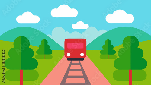 Red train traveling through a green landscape