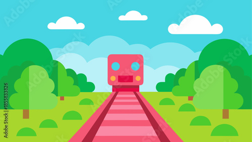 Red train traveling through green forest