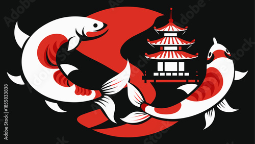 Koi fish and pagoda symbol