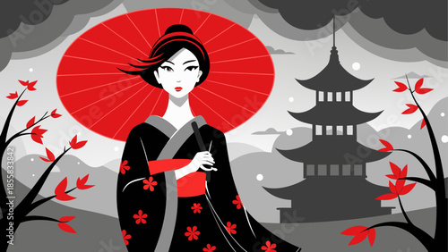 Elegant woman with parasol in traditional japanese garden