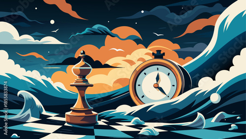 Chess piece and clock amidst stormy seas