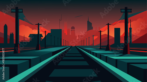 Sunset over industrial rails