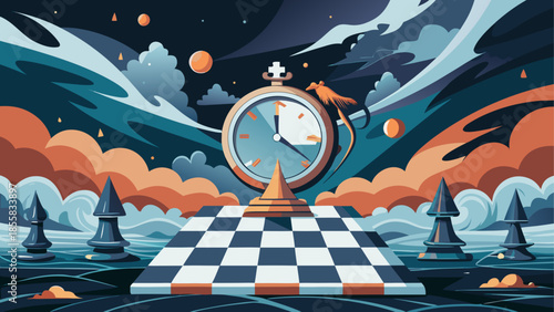 Whimsical clock tower overlooking a checkered landscape