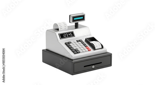 Classic white cash register with a receipt and small digital display isolated on transparent background