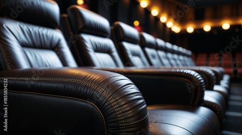 A rich, luxurious dark leather cinema chair arrenged perfectly straight row dominates the foreground, captured in sharp focus to highlight its premium craftsmanship