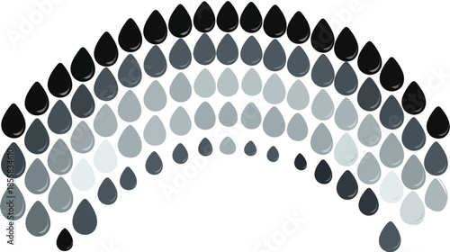 Abstract grayscale gradient arc of teardrop shapes, flowing water drop pattern, modern graphic design element.
