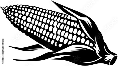 Monochromatic vector illustration of a single ear of corn on the cob with husks, perfect for farm, harvest, and food industry designs.