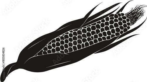 Monochrome vector illustration of a single ripe ear of corn on the cob with husks and kernels, farm produce graphic