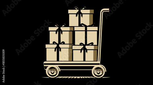 Stacked gift boxes on a hand truck, an illustration symbolizing delivery, shipping, commerce, retail, logistics, and celebration parcels.