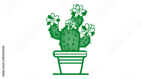 Stylized Green Potted Flowering Cactus Illustration, Desert Plant Graphic Icon, Botanical Succulent Houseplant Drawing