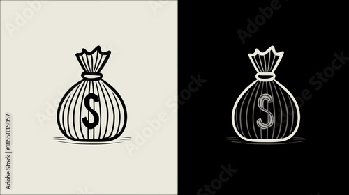 Stylized money bag with dollar sign icon on light and dark backgrounds. Concepts of finance, savings, investment, and wealth.