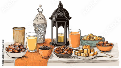 Traditional Middle Eastern Iftar Table with Lantern and Dates