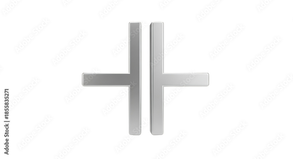 Fototapeta premium Abstract metallic symbol resembling a plus sign with two vertical bars and two horizontal bars isolated on transparent background
