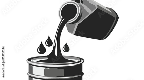 Monochromatic illustration of crude oil pouring from container into industrial barrel, symbolizing energy, petroleum, and fossil fuels.