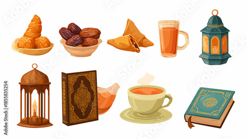 Traditional Middle Eastern Food and Items with Lanterns and Books