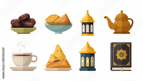 Vector illustration of Ramadan food and traditional items on white background