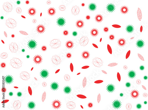 A vibrant abstract pattern featuring various red and green stylized shapes, including spiky circles, ovals, and dots, scattered randomly on a white background.