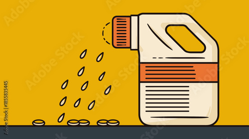Gardening seeds pouring from a plastic container bottle, flat line art illustration. Agriculture, planting, growth, and farming concept.
