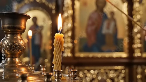 Lighting a Candle in an Orthodox Church with Icons in the Background.